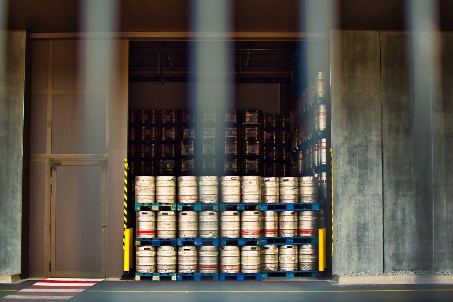 Kegs stacked in warehouse